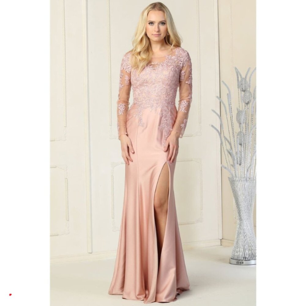 Dusty Rose Evening Illusion Bateau Sleeve Trumpet Dress By Royal Queen RQ7913